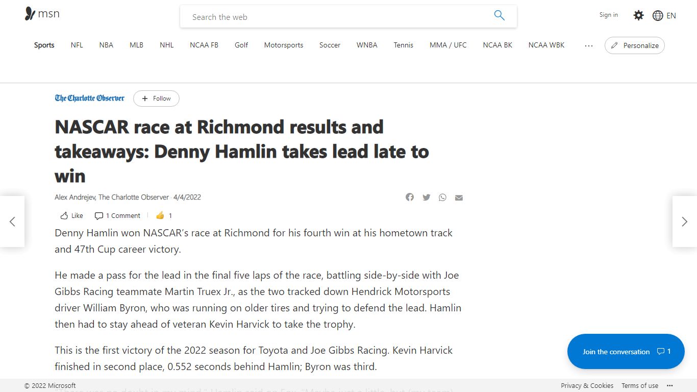 NASCAR race at Richmond results and takeaways: Denny Hamlin takes ... - MSN